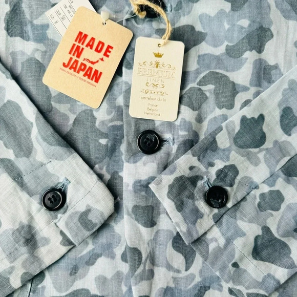 Japanese Linen Mens Blue Camouflage 2pc Matching Set Blazer and Short Size M - Picture 6 of 16